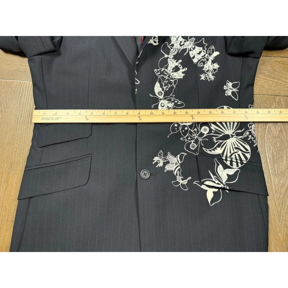 Topman Men's 38 black Pinstripe Graphic Art Blazer Wool Blend Statement 3144